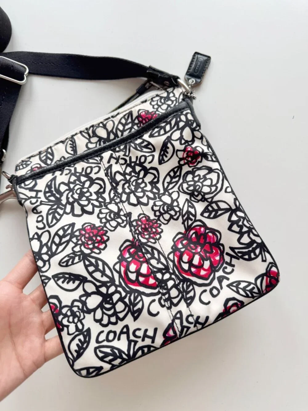 COACH White Black Floral Graffiti Nylon Leather Trim Crossbody Purse - Picture 3 of 16